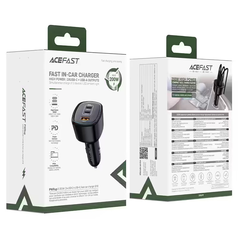 Acefast B18 200W(2USB-C+USB-A)fast car charger,black