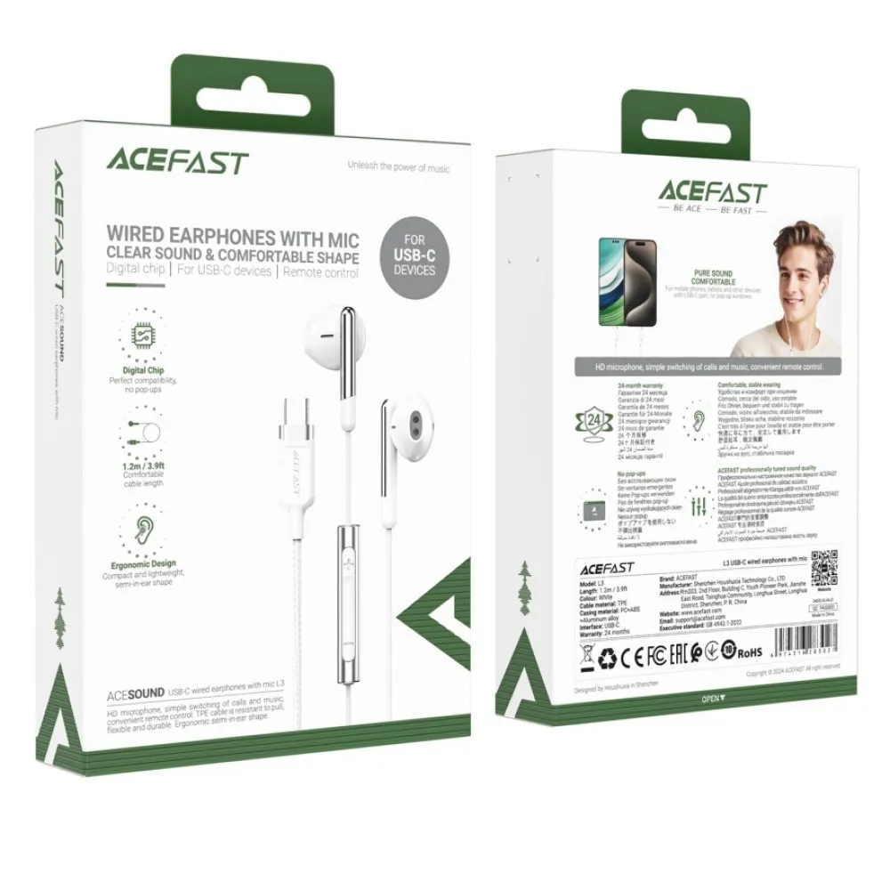 Acefast L13 USB-C semi-in-ear wired earphones with mic,white