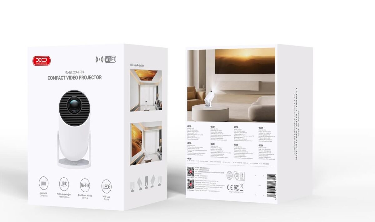 XO FF03 EU Android 720P Mini Projector with Stand (2.4+5G WIFI) White