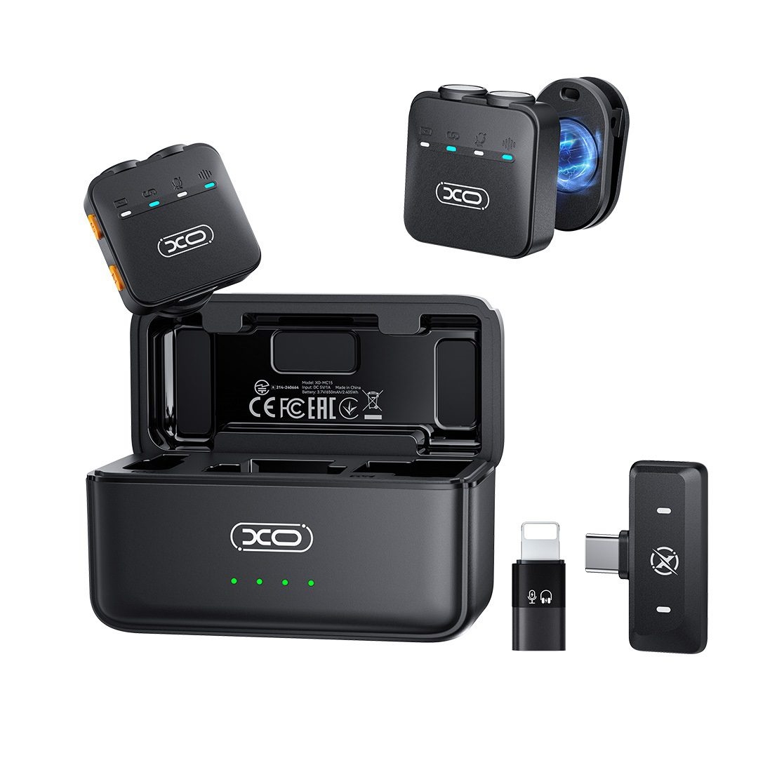 XO MC15 Dual-Microphone AI Noise-Cancelling Wireless Lapel Microphone with Smart Charging Case (Type