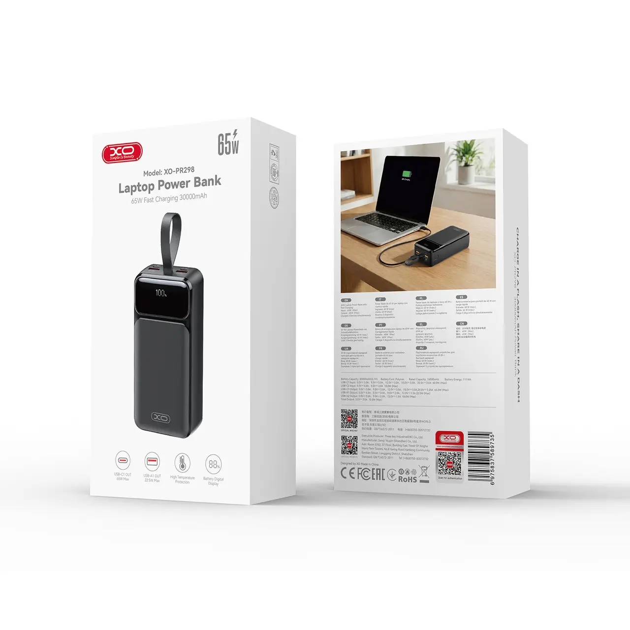 xo PR298 65W Fast Charging Digital Display Power Bank (USB-C Port / USB-A 22.5W) 30000mAh Black