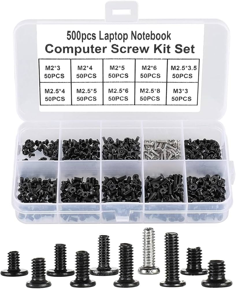 A set of 500 screws for laptops and small appliances in a plastic box.