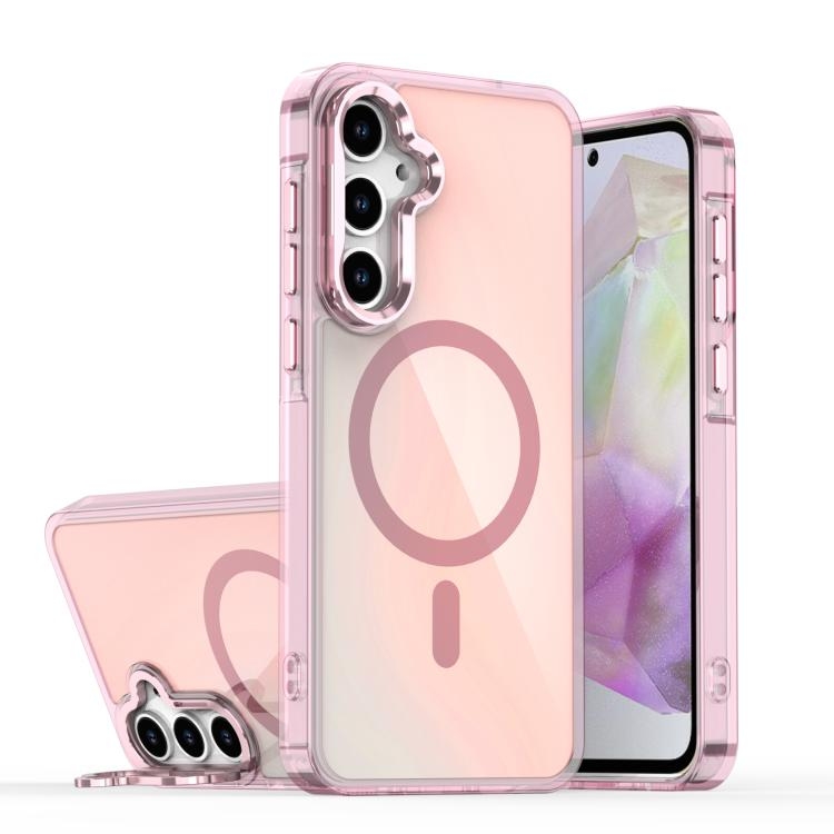 Samsung A35 5G Plating Gradient Discolor MagSafe Phone Husa with Holder (Pink)