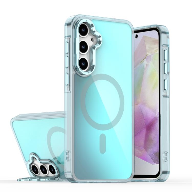 Samsung A55 5G Plating Gradient Discolor MagSafe Phone Husa with Holder(Blue)