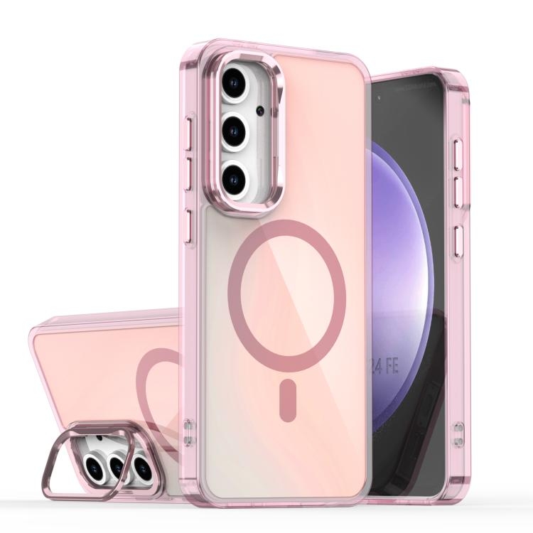 Samsung S24 FE 5G Plating Gradient Discolor MagSafe Phone Husa with Holder(Pink)