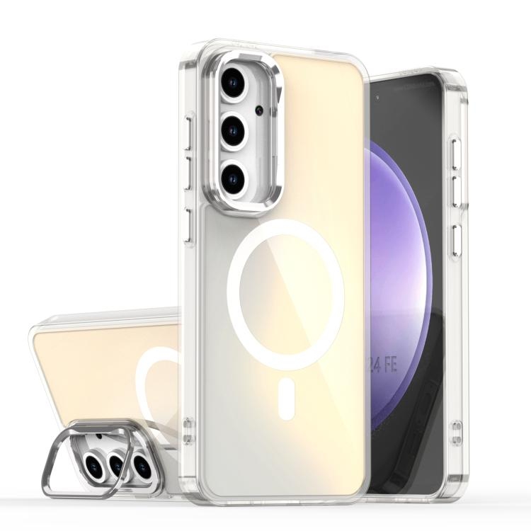 Samsung S24 FE 5G Plating Gradient Discolor MagSafe Phone Husa with Holder(White)