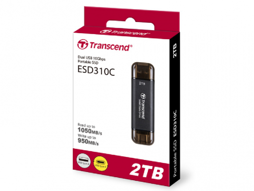 2.0TB  Transcend Portable SSD ESD310C Black, USB-A/C 3.2 (71.3x20x7.8 mm, 11g, R/W:1050/950 MB/s)