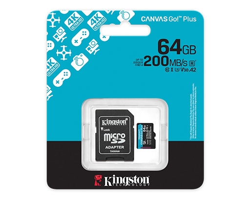 ..64GB MicroSD (Class 10) UHS-I (U3) +SD adapter, Kingston Canvas Go! Plus Gen 4 'SDCG4/64GB' (R:200