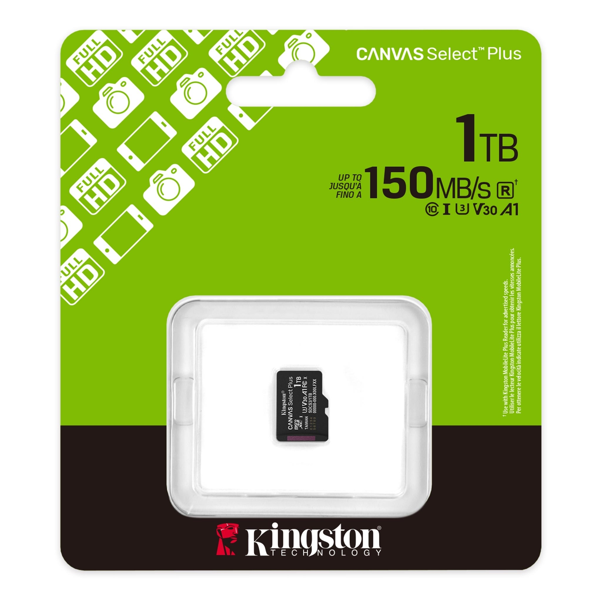1.0TB MicroSD (Class 10) UHS-I (U3) +SD adapter, Kingston Canvas  Select Plus Gen3 'SDCS3/1TB' (R:15
