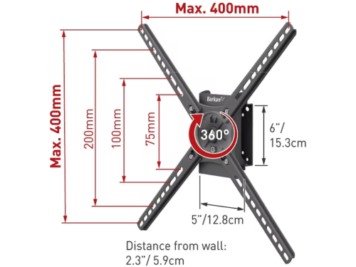 Wall Mount Barkan BM300R Black 13'-65' FLandscape-Portrait Rotation, max.36kg, VESA mm up to 400x400