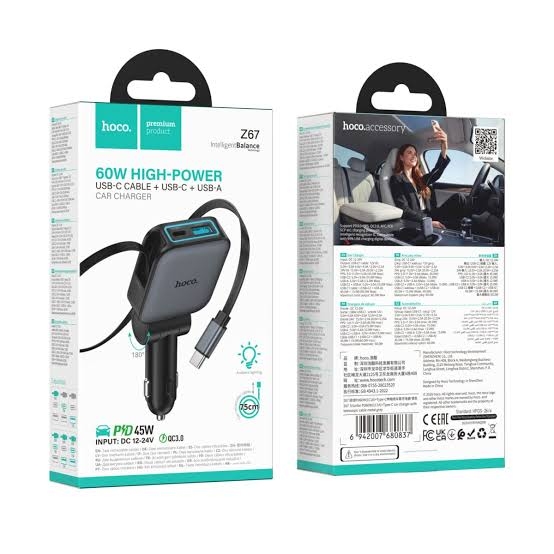 Hoco Z67 Triunfar PD60W(1C1A)+Type-C car charger with telescopic cable metal gray