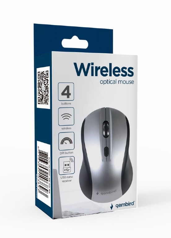 Wireless Mouse Gembird MUSW-4B-02-BS Optical 800-1600 dpi 4 buttons Ambidextrous 2xAAA, Black/Silver