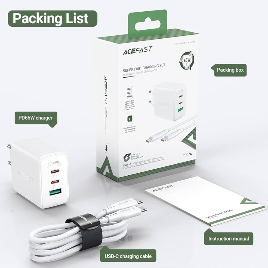 ACEFAST A13 PD65W(USB-C+USB-C+USB-A) 3-port charger set,white (EU)