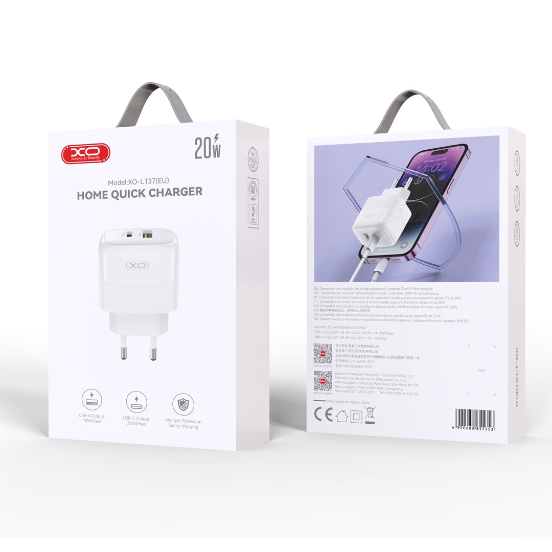 XO L137(EU) PD20W/QC18W (1USB-A+1USB-C) Fast Charger White