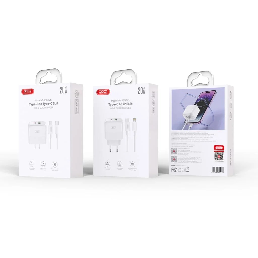XO L137(EU) PD20W/QC18W (1USB-A+1USB-C) Fast Charger  with type-c cable   White