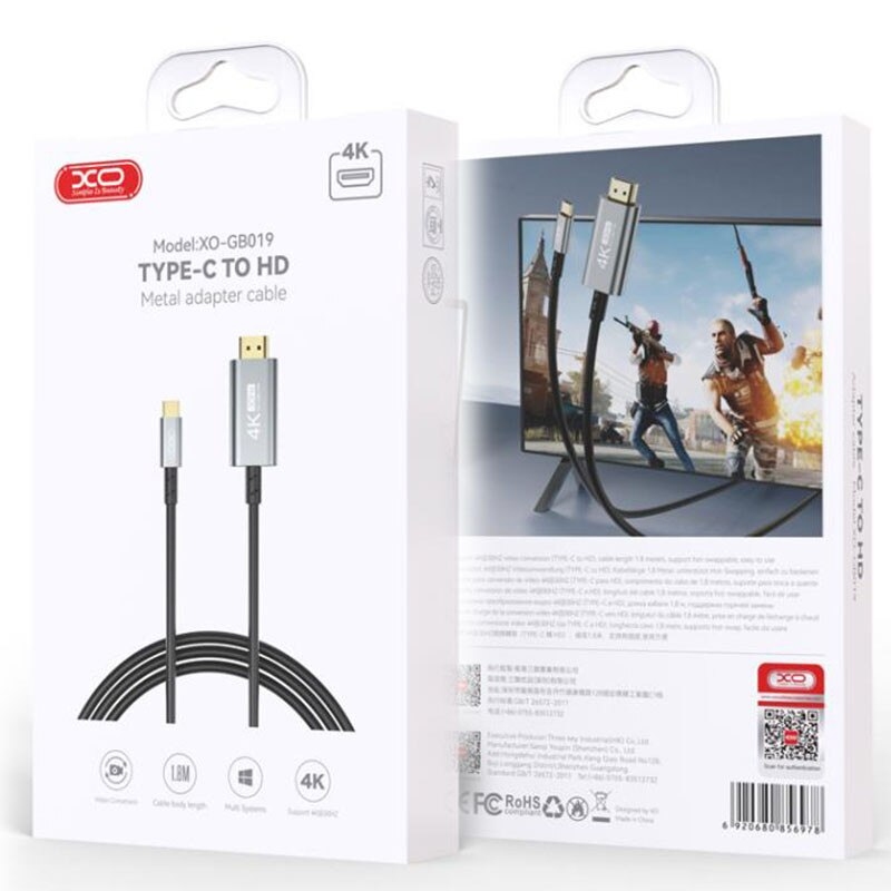 XO GB019 Type-C to HDMI Metal Adapter Cable 1.8M Tranish