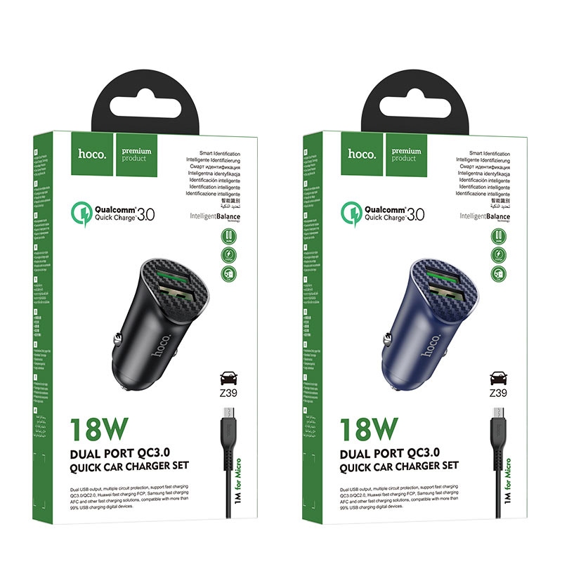 Hoco Z39 Farsighted dual port QC3.0 Car charger set(Micro)
