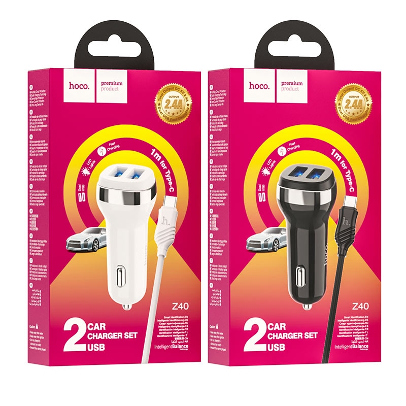 Hoco Z40 Superior dual port car charger set(Type-C)