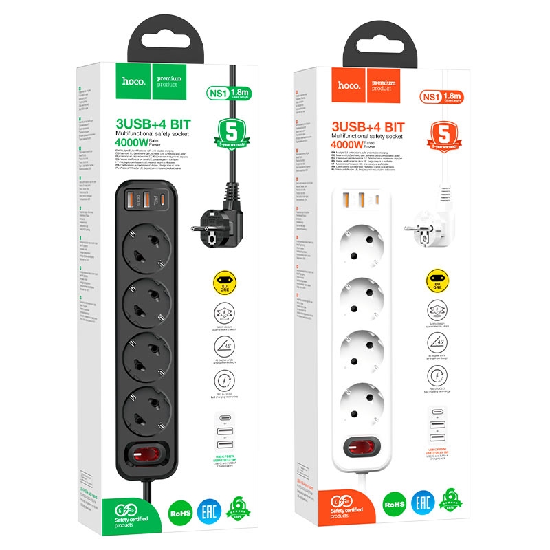 Hoco NS1 Aura 4-bit extension cable socket(including 1C2A PD20W fast charge)(EU) white