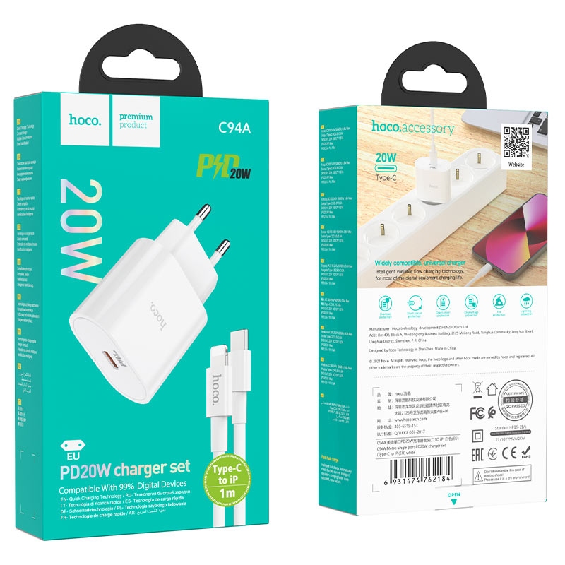 Hoco C94A Metro single port PD20W charger set(C to iP)(EU) white