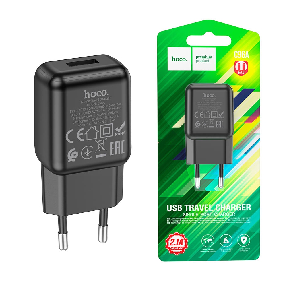 СЗУ HOCO C96A single port charger 1USB/2,1A Black