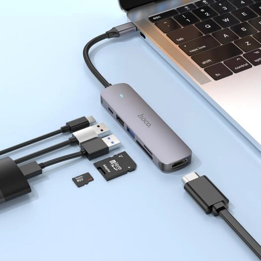 Hoco HB28 Type-C multi-function converter(HDTV+USB3.0+USB2.0+SD+TF+PD) metal gray