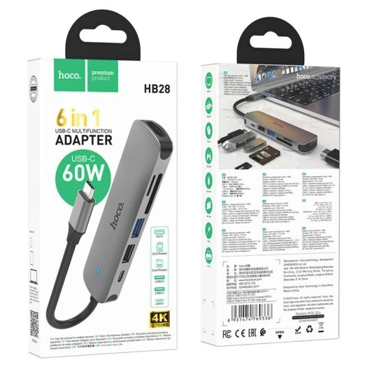 Hoco HB28 Type-C multi-function converter(HDTV+USB3.0+USB2.0+SD+TF+PD) metal gray