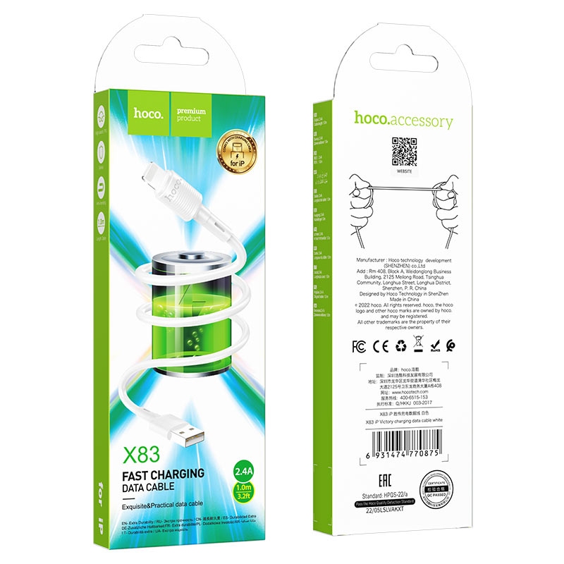 Cable HOCO X83 Victory charging data cable for Lightning 2A/1m. White