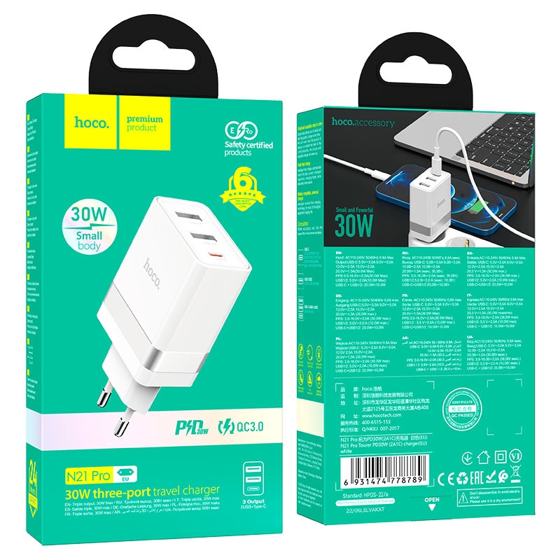 Hoco N21 Pro Tourer PD30W (2A1C) charger(EU) white