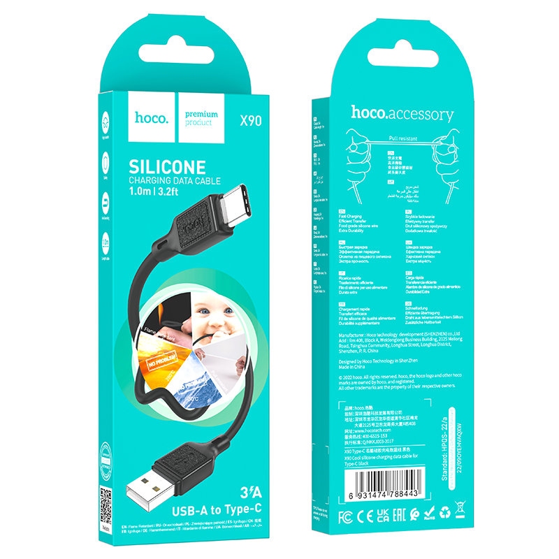 Кабель HOCO X90 Cool silicone charging data cable for Type-C/3A/1m. Black
