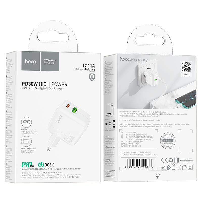 Hoco C111A Lucky dual-port PD30W+QC3.0 charger(EU) white