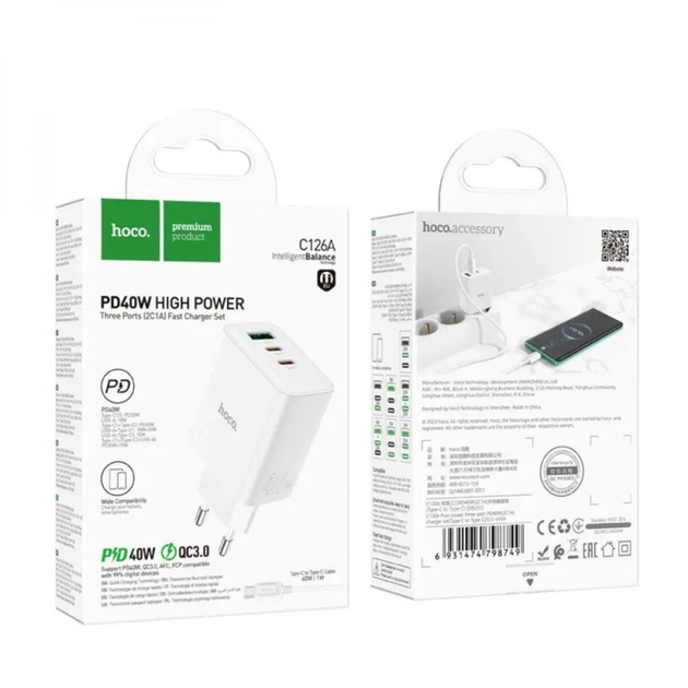 Hoco C126A Pure power PD40W three-port(2C1A) charger(EU) white