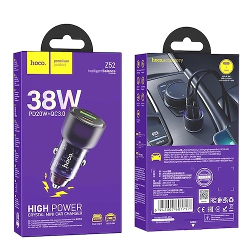 Hoco Z52 Spacious PD38W(1C1A) car charger transparent black