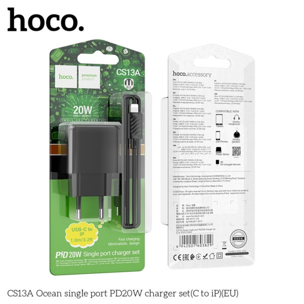 Hoco CS13A Ocean single port PD20W charger set(C to iP)(EU) black