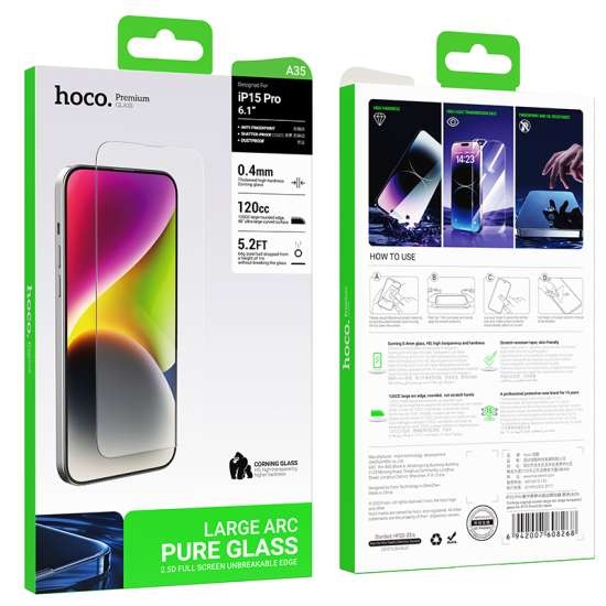 Hoco Corning original screen large arc edge tempered glass for ip15 Pro Max(A35) black