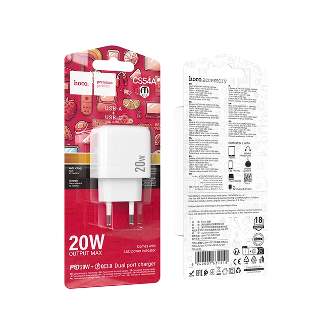Hoco CS54A Surplus PD20W+QC3.0 charger(EU) white
