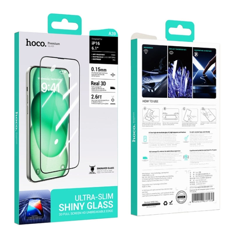 Hoco Engraved 3D HD tempered glass 0.15mm ip16(A39) black