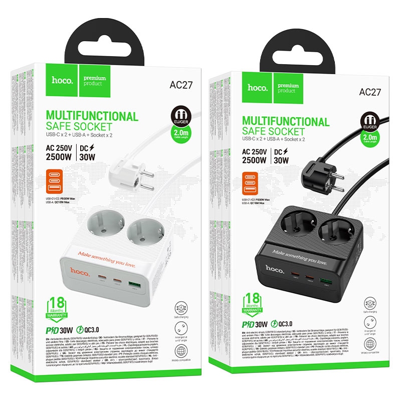 Hoco AC27 Descanso 2-socket(with PD30W/2C1A) desktop charger(EU/GER)(L=2M) black