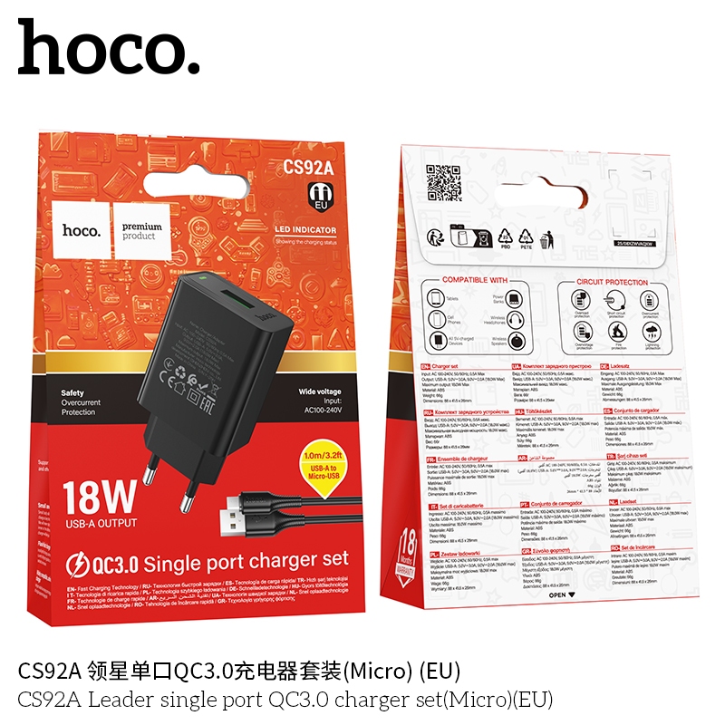 Hoco CS92A Leader single port QC3.0 charger set(Micro)(EU) black