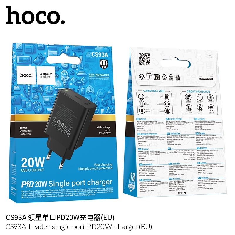Hoco CS93A Leader single port PD20W charger(EU) black