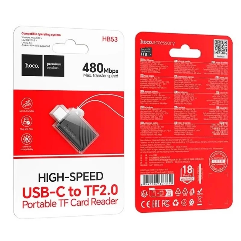 Hoco HB53 Type-C mini TF card reader 2.0 black