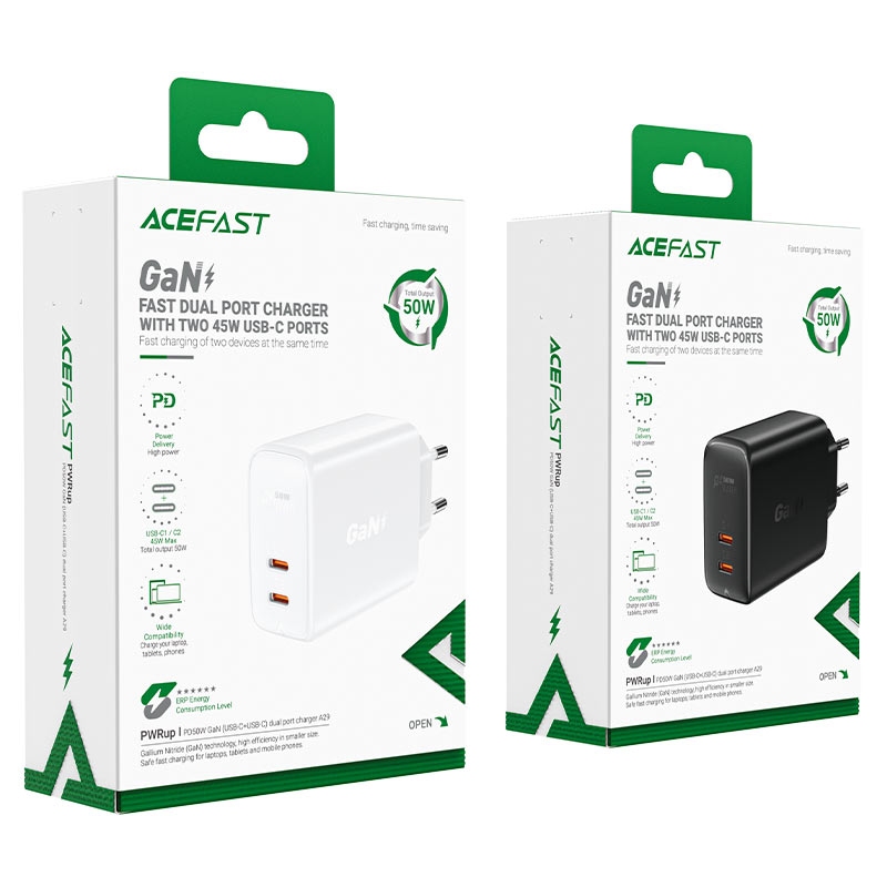 ACEFAST A29 PD50W GaN (USB-C+USB-C) dual port charger,white (EU)