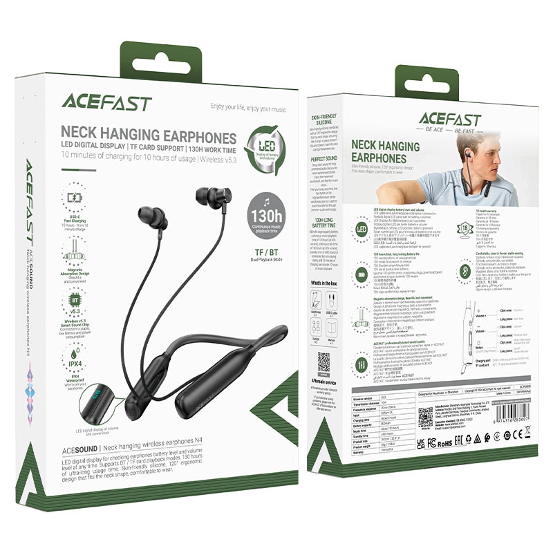 Acefast N4 neck hanging wireless earphones,black black