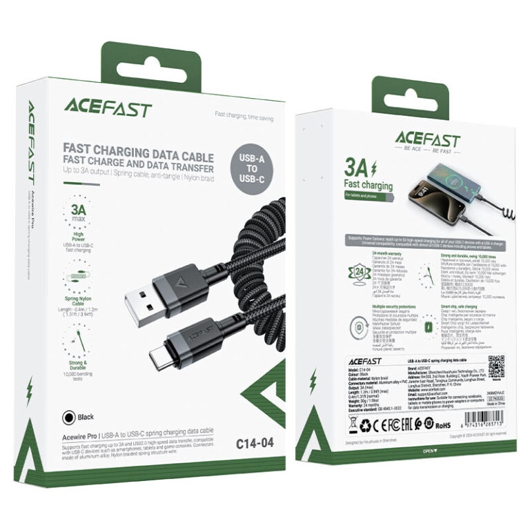 ACEFAST C14-04 USB-A to USB-C spring charging data cable,black