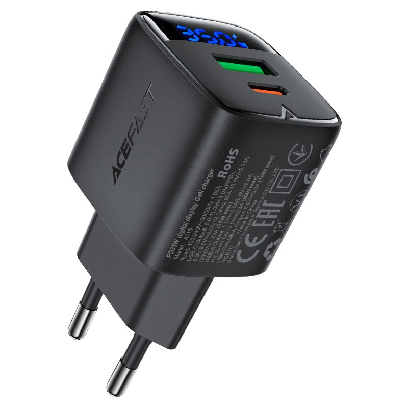 Acefast A116 PD35W GaN charger (USB-A+USB-C) with digital display (EU) black