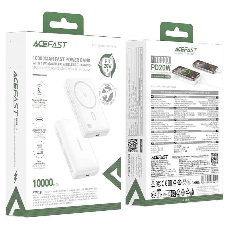 Acefast M26 PD20W magnetic fast wireless charging power bank 10000mAh,white