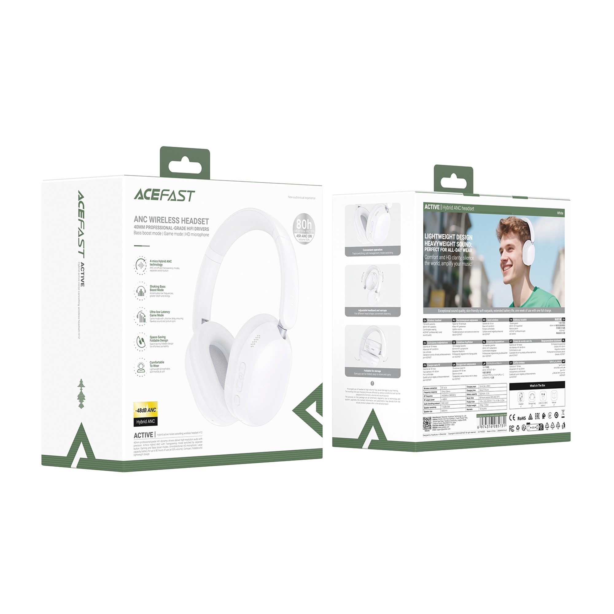 Acefast H12 hybrid active noise cancelling wireless headset white