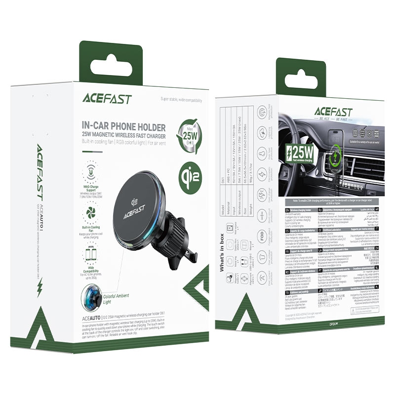 Acefast D61 Qi2 25W magnetic wireless charging car holder metal gray