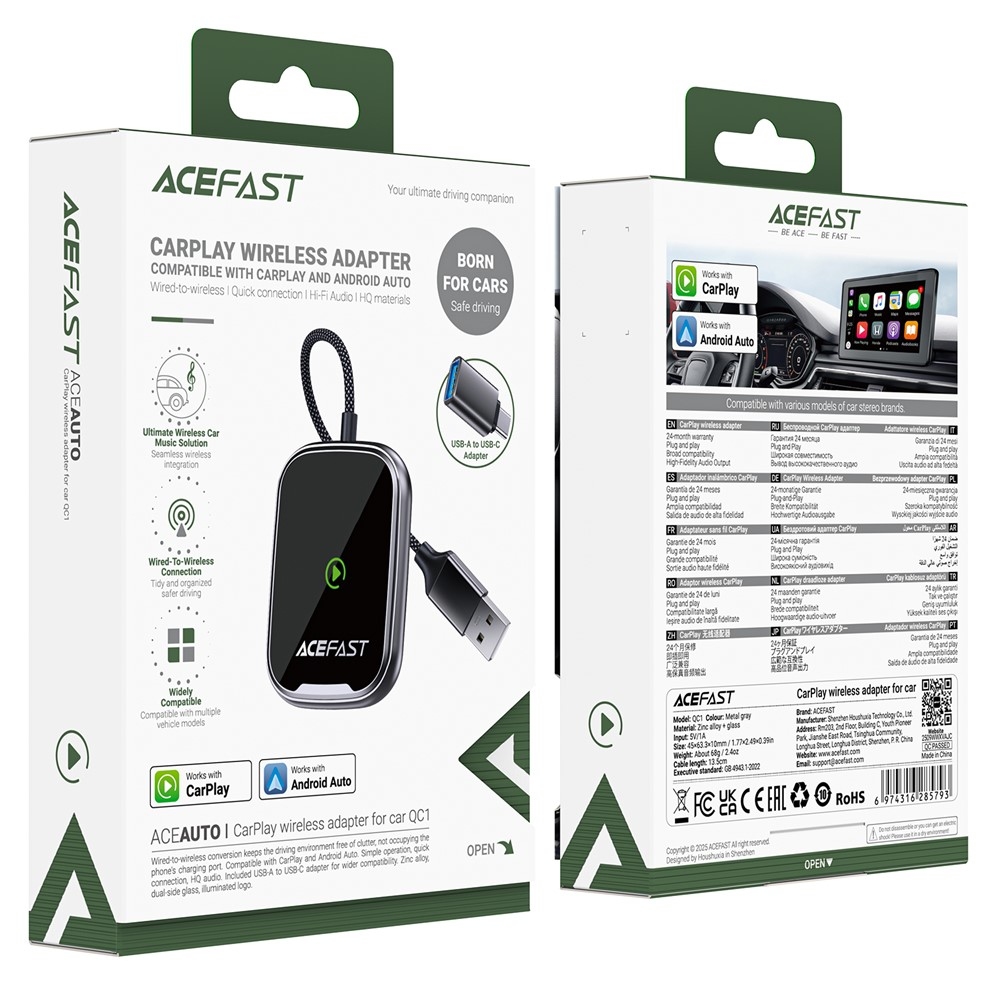 Acefast QC1 CarPlay wireless adapter for car metal gray