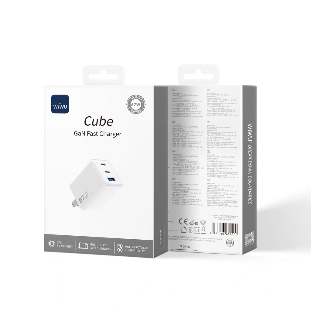 Wiwu Cube 67W 2C+A GaN Fast Charger Wi-G026 EU White